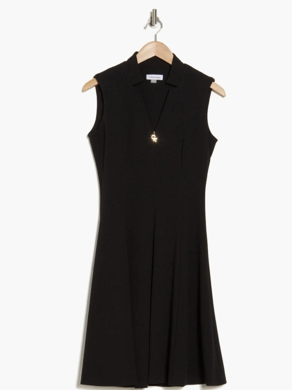 Calvin Klein Black Sleeveless Midi Dress with Collared V-Neck